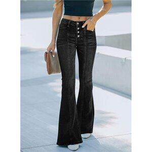 Black Dark Wash Flare Bell Bottom Jeans Wide Leg Button High Waist Bootcut Jeans
